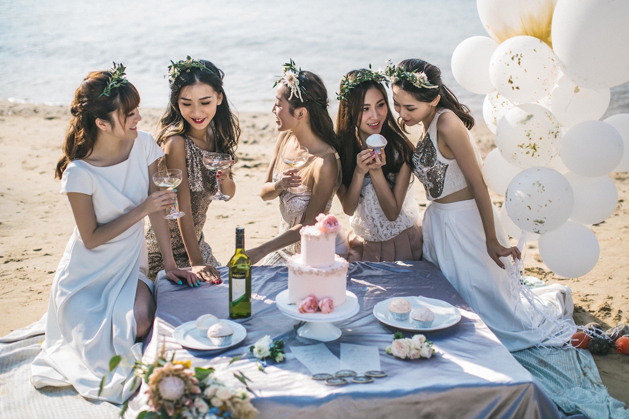parties, wedding, bridesmaids, beach, outdoor